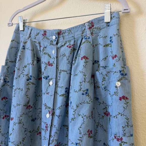 Blue Floral Denim Maxi Skirt Button Front Pockets Cottagecore Vintage 80s - Picture 2 of 8